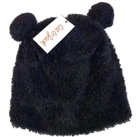Kate Spade Black Fuzzy Bear Ear Beanie Hat 8-16 Youth - Picture 1 of 2